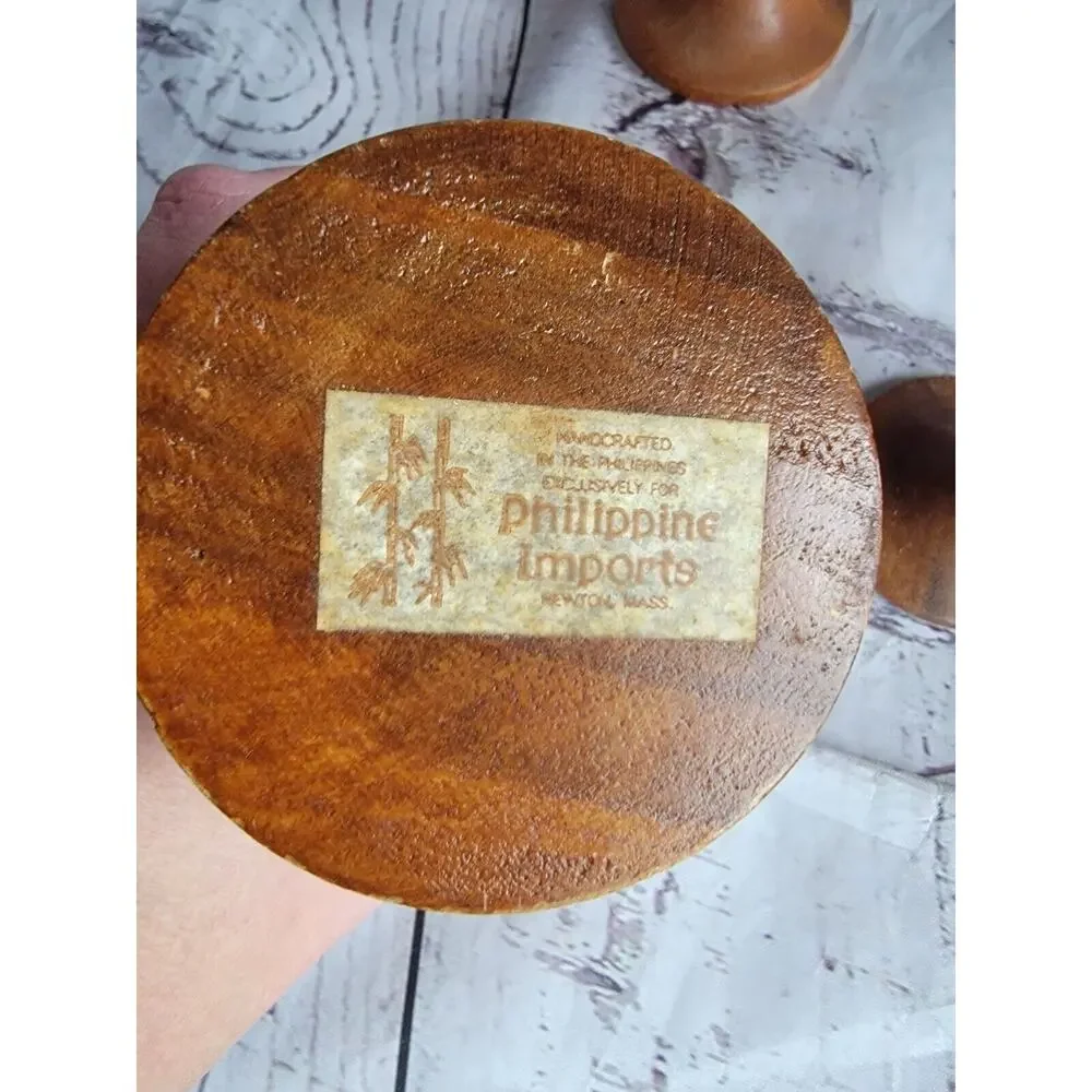 Set Of 5 Vintage Teakwood Pedestal Dessert Servers cups Boho Style Tropic Summer